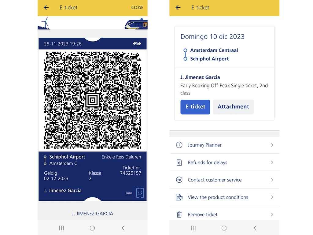 Billetes de tren en el móvil para ir del aeropuerto de Schiphol a Ámsterdam