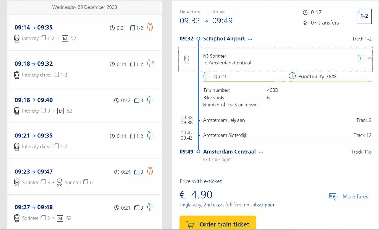 Comprar el billete de tren del aeropuerto a Ámsterdam por Internet