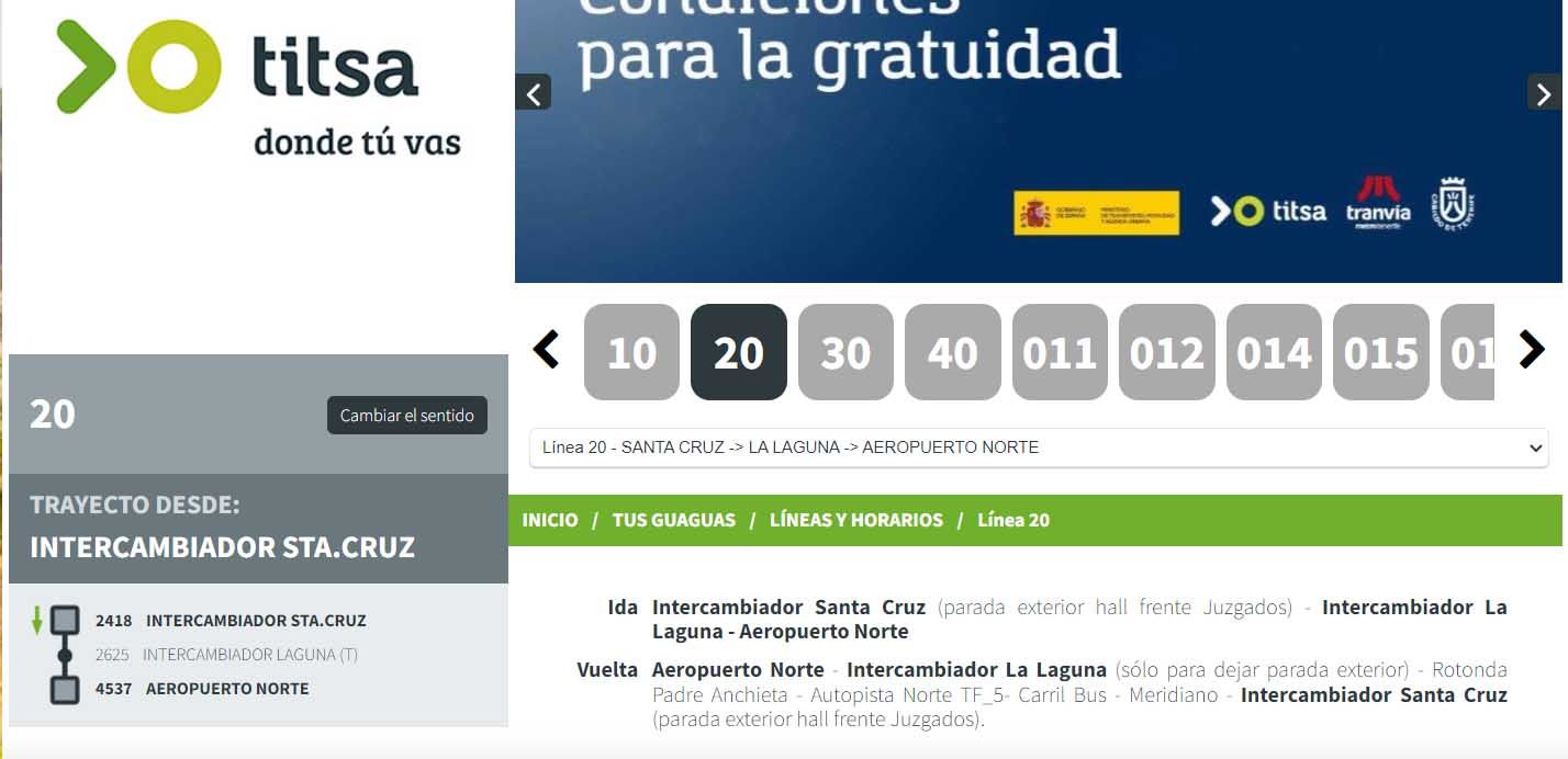 Información de la línea 20 de bus desde el aeropuerto de Tenerife Norte