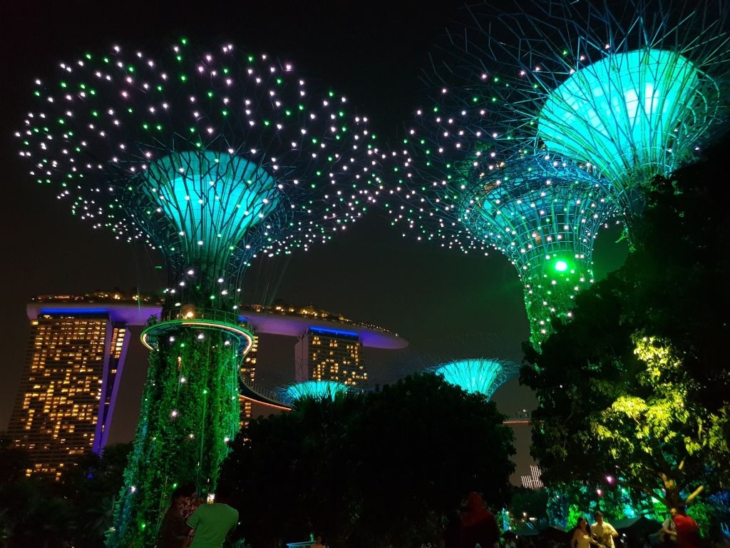 espectáculo de luces en gardens by the bay de noche