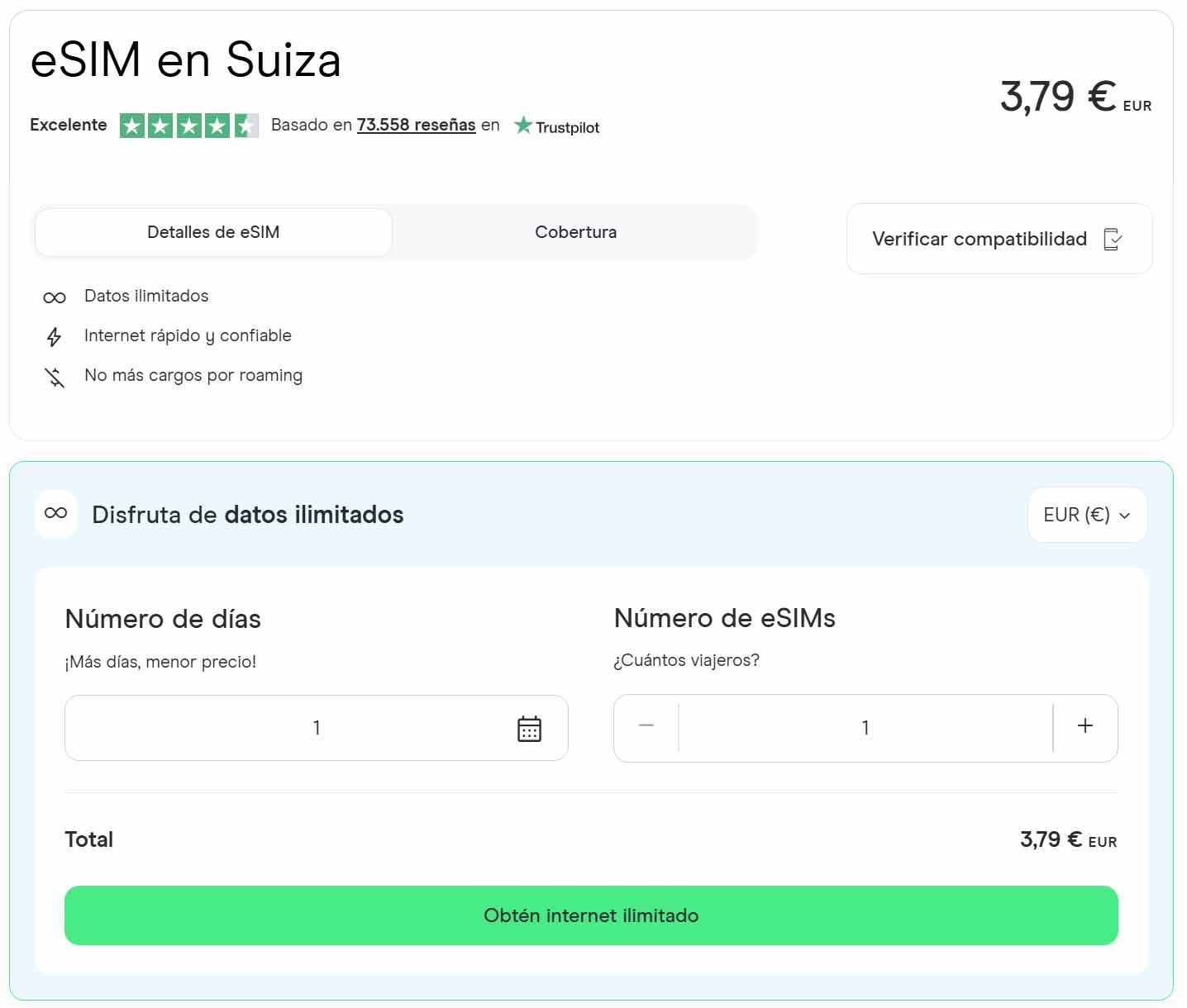 Precios de la eSIM de HolaFly para Suiza